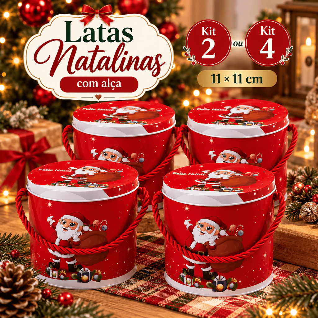 Kit Latas Natalinas Metal Redondas Doce Presente Com Alça Enfeite de Natal, Lembrança de Natal, Caixa de Panetone