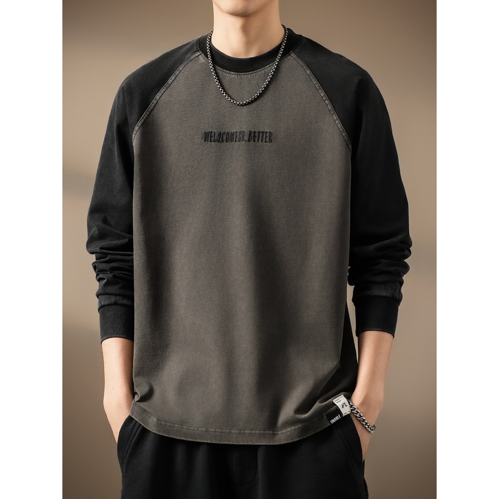 Americano Retro Raglan ombro contraste cor manga comprida camiseta masculina primavera outono novo estilo Street Wear so
