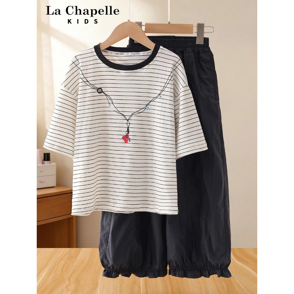 Lashebel roupas infantis meninas roupas de verão listrado manga curta camiseta terno crianças grandes versão coreana mod