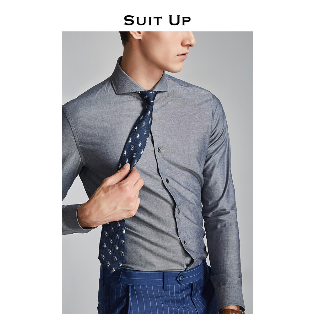 Camisa masculina cinza slim fit camisa de negócios masculina de manga comprida gola Windsor camisa de lã slim fit G