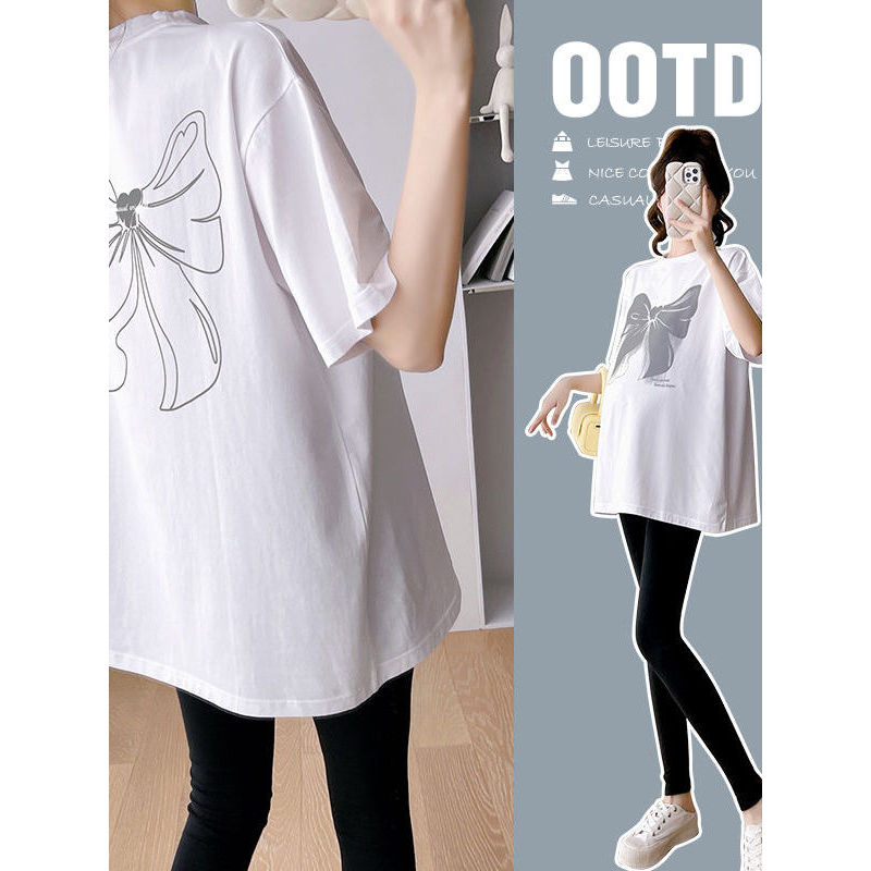 Roupa de maternidade puro algodão manga curta camiseta verão moda All-Match arco solto tamanho grande maternidade topo c