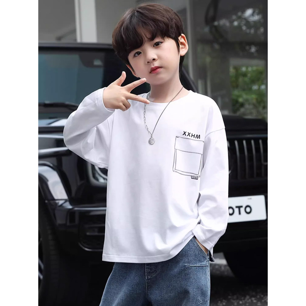 Crianças simples de manga comprida camiseta primavera outono novo estilo coreano básico em torno do pescoço camisa médio