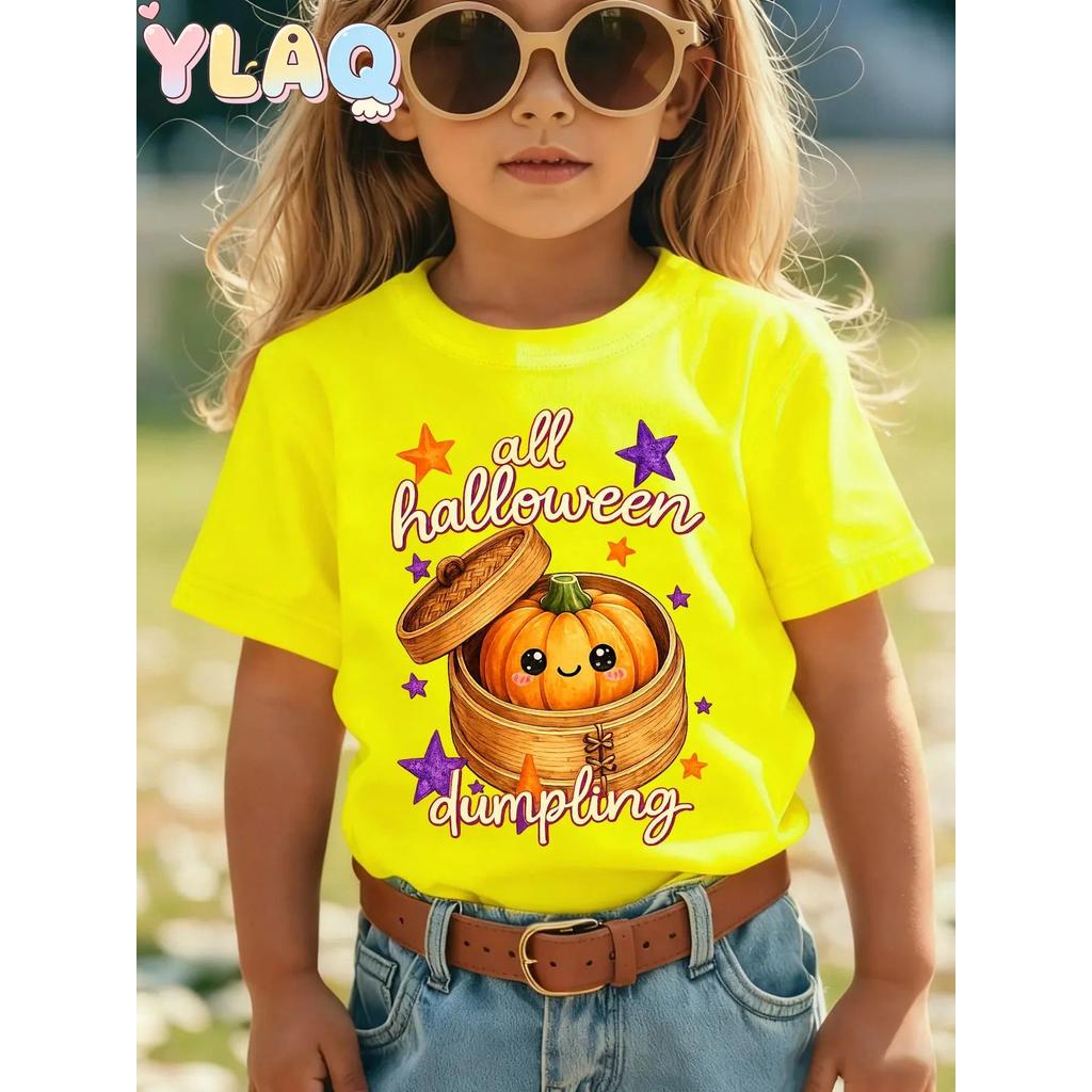 Halloween Cartoon Abóbora Bolinho Impressão Crianças Camiseta Unissex Meninos Meninas Manga Curta Tripulação Pescoço