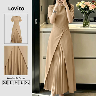 (New Arrival) Lovito Vestido Elegante Comute Vestido Plissado Envelope Khaki Verão Primavera para mulheres DRB202P2D582