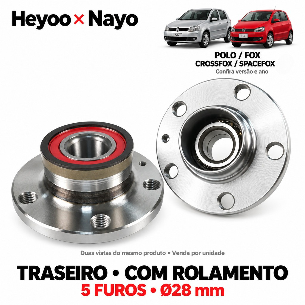 Cubo de Roda Traseiro com Rolamento VW Polo Fox CrossFox SpaceFox 5 Furos 28mm OE 6Q0501611F