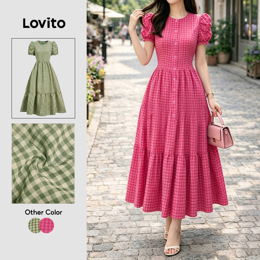 Lovito Padrão de Vestido Casual com Botão Primavera/verão Vestido Rosa Vermelho para mulheres L196ED128