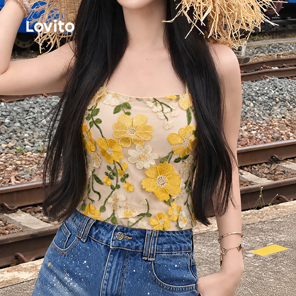 Lovito Top Boho Jacquard Estilo Resort com Textura para Primavera/verão Amarelo para mulheres TKK9P2D501 — imagem 2 de 2