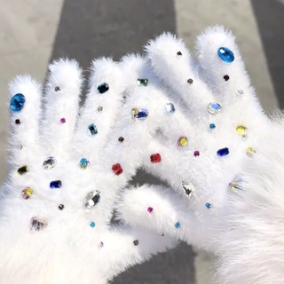 Xiaohongshu mesmo estilo estilo estilo coreano y2k luvas de diamante completo inverno pelúcia quente de alto valor estil