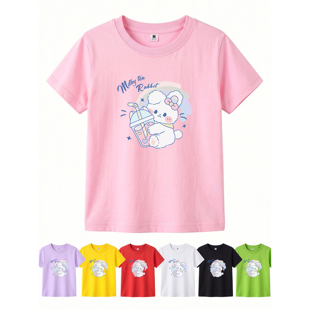 Meninas 100 % Algodão Manga Curta Camiseta Bonito Dos Desenhos Animados Chá Leitoso Coelho Impressão Crianças Casual Top