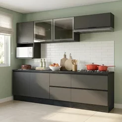 Cozinha Completa Modulada 7 Peças com Nicho para Micro-Ondas e Balcão 4 Gavetas com Tampo Etna Grafite Grafite
