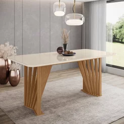 Mesa de Jantar com Tampo MDF e Vidro com Canto Arredondado 180 cm Adriana Bege/Off White/Nature 180