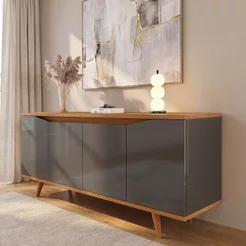 Buffet 160cm 4 Portas Pés em Madeira Maciça Grace Versátile Cinza/Perola/Noce Cinza Perola/Noce