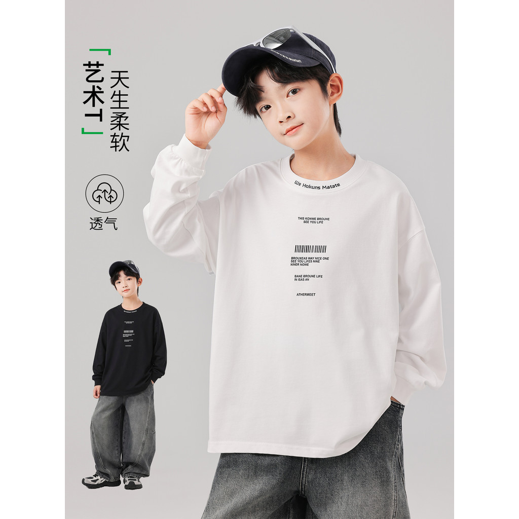 Meninos em torno do pescoço de manga comprida camiseta primavera outono Casual médio grande crianças respirável camisa d