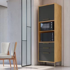 Paneleiro Torre Quente com 2 Portas 2 Gavetas MDF Cinza Amêndoa Chumbo Vicenza Amêndoa/Chumbo