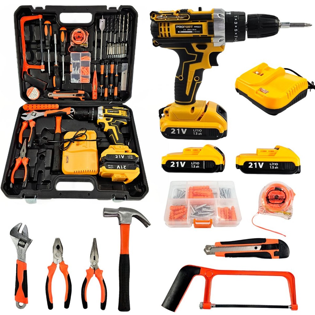 Parafusadeira Furadeira Com Impacto À Bateria 21V Bivolt PFP11821I + Acessórios - Profort