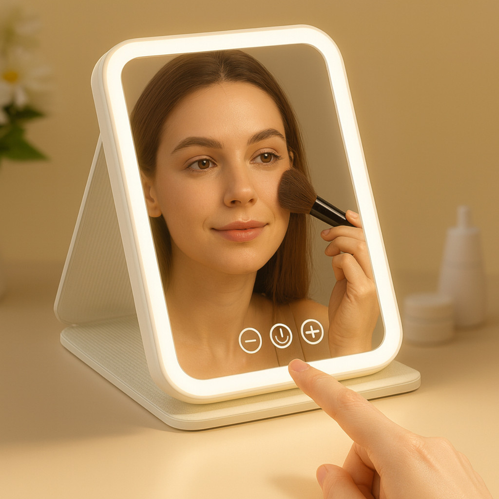Espelho De Maquiagem com LED Inteligente Controle de Toque 3 Níveis de Luz Mesa Portátil Recarregável Tipo C em Oferta na Shopee