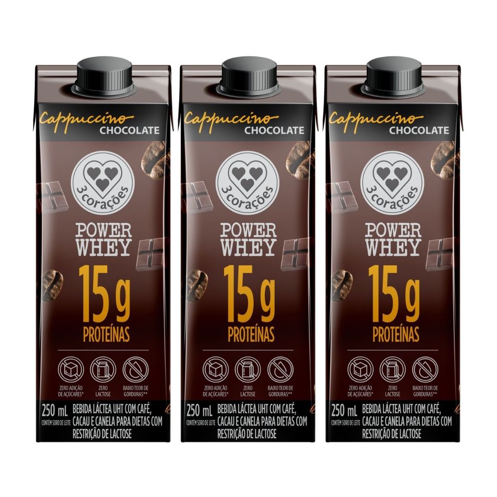KIT 3 CAPPUCCINO 15G PROTEINA POWER CHOCOLATE 250ML 3CORAÇÕES