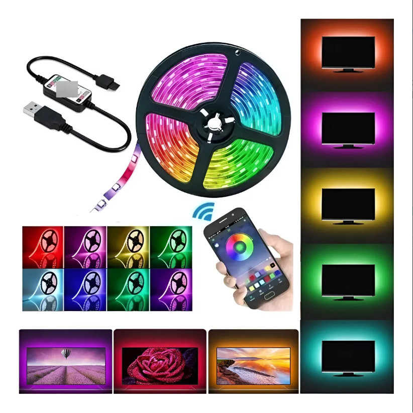 Fita LED de Tv 5m RGB com Controle Remoto e Função Música – Luz Ambiente TV / Festa / Gamer