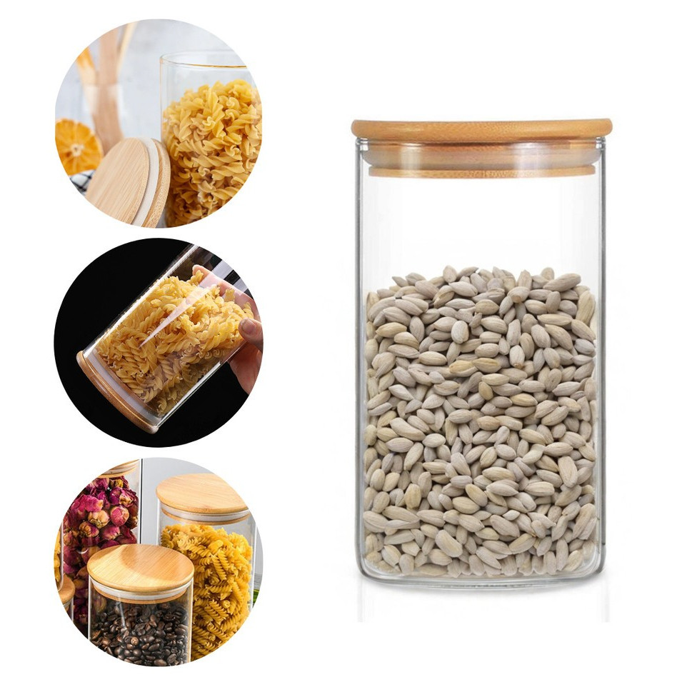 Pote Porta mantimentos de Vidro transparente Hermético 900ML com Tampa de Bambu LEHAVI resistente