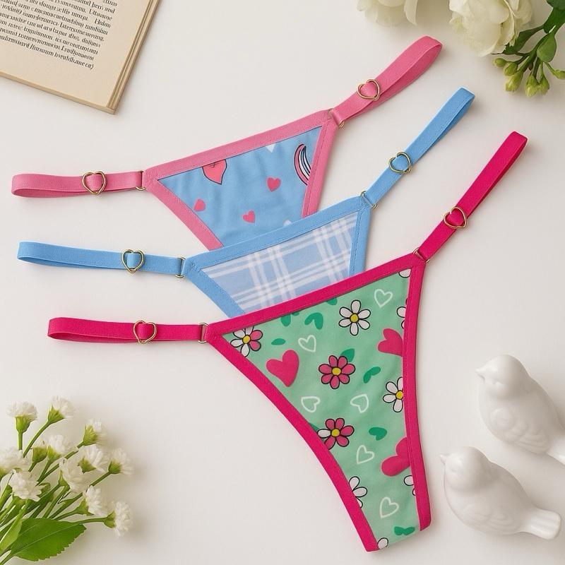 Kit 5 Calcinha Tanga Fio Coração Regulagem com Detalhes em Coração