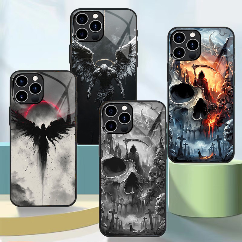 Capa De Telefone De Vidro Anjo Da Morte Demônio Preto Para Iphone 11 12 Mini 13 14 Plus 15 16 Pro Max