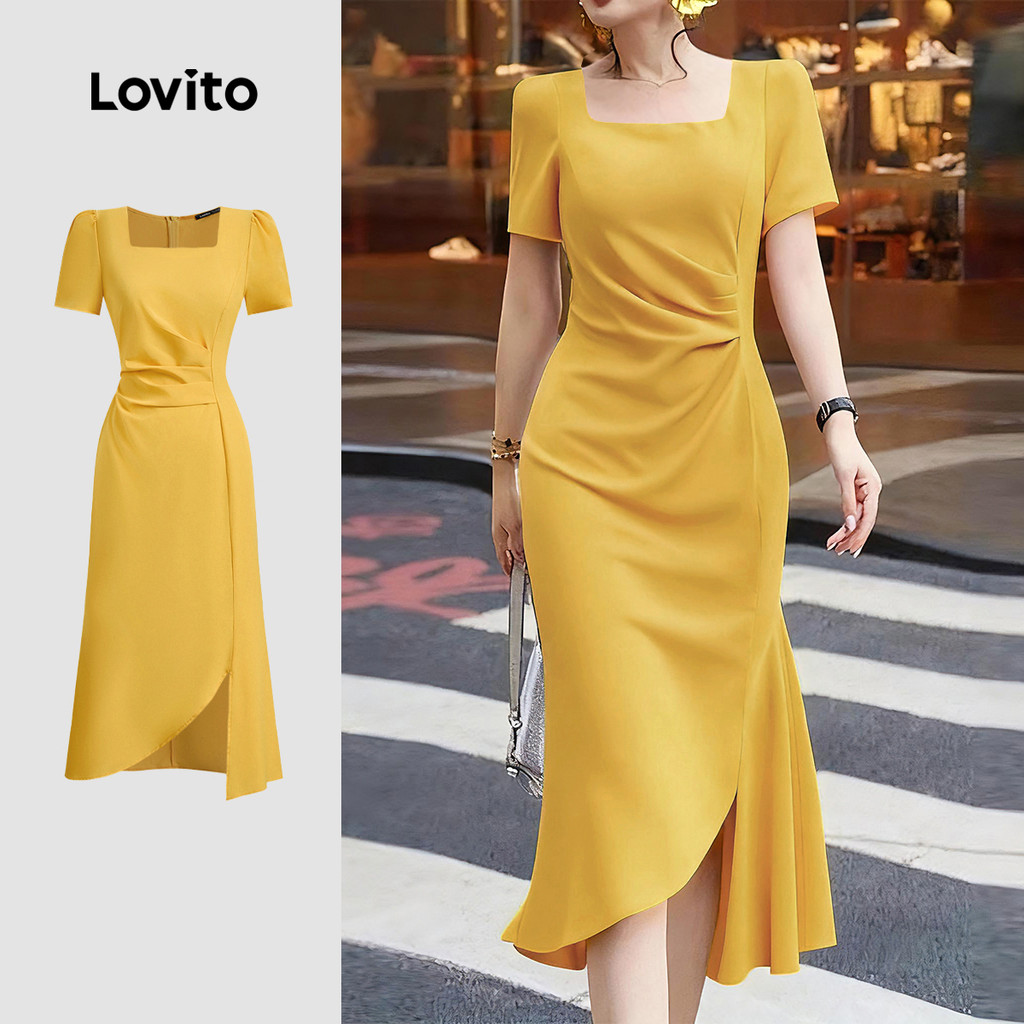 Lovito Vestido Elegante Assimétrico de Pregas Primavera/verão Vestido Leve Amarelo para Mulheres L154ED1138 em Oferta na Shopee