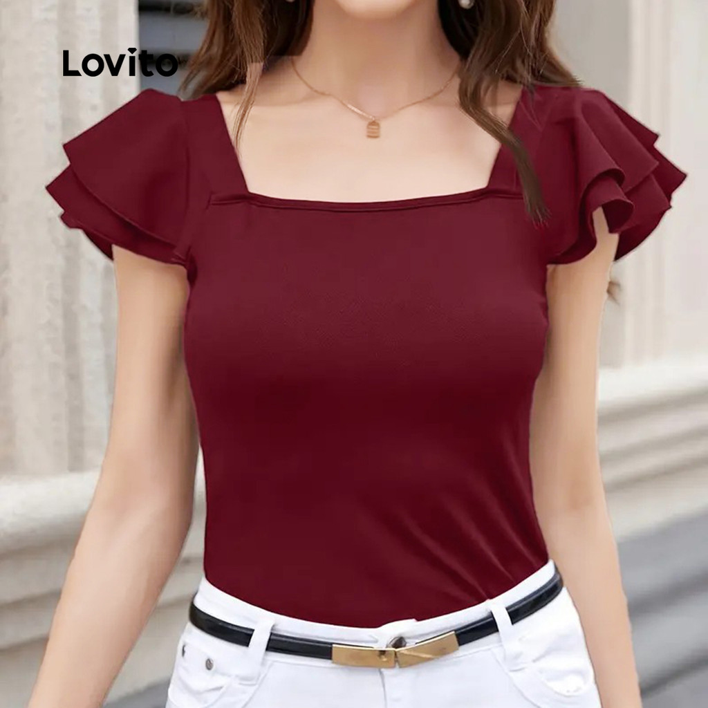 Lovito Camisa Casual de Manga Curta com Babados Primavera/verão Vinho Vermelha para mulheres L155ED838 em Oferta na Shopee