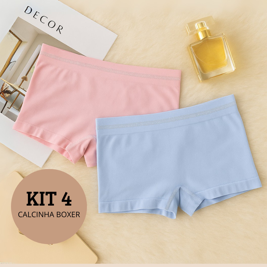 Kit 4 Calcinhas Boxer Canelada Shortinho Sem Costura Cueca Feminina Poliamida Importada Pijama
