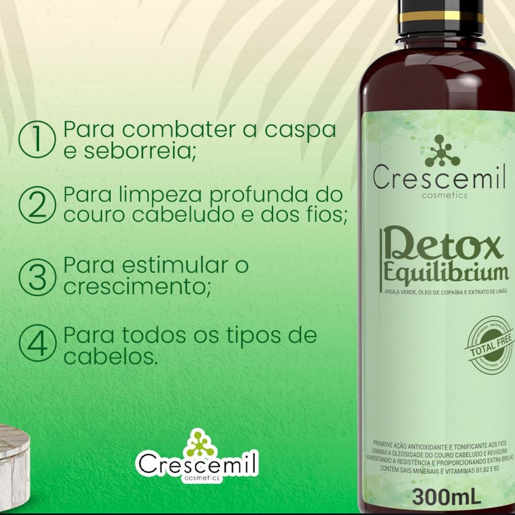 Shampoo Detox Crescemil Esfoliante Capilar 300ml| Limpeza Profunda |Anti Oleosidade, Caspa e Dermatite|Extrato de Limão