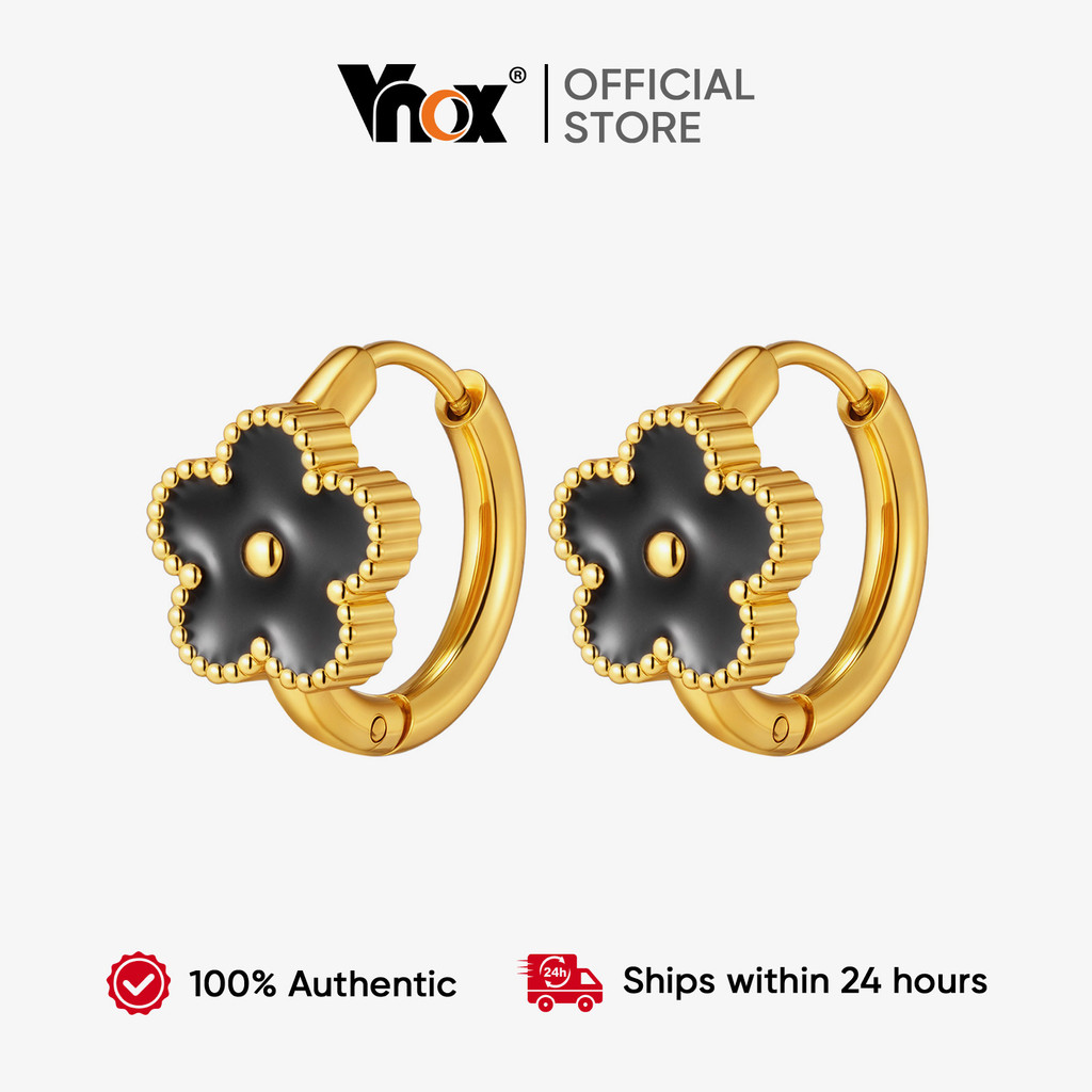 Brincos De Argola Com Flores De Cinco Pétalas De Aço Inoxidável Vnox , Branco , Preto , Feminino , Meninas , Sem Desbota em Oferta na Shopee