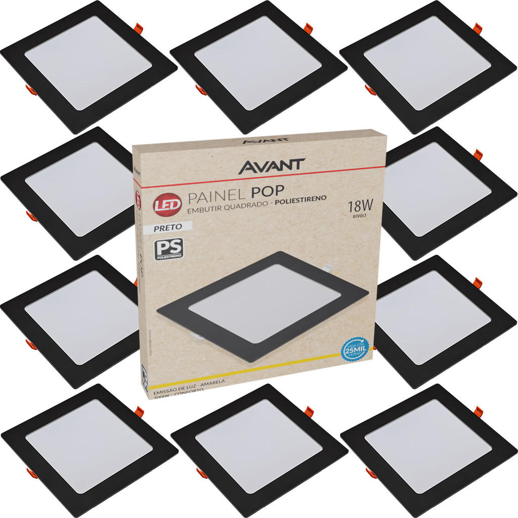 Kit 10 Painel Plafon Quadrado Embutir 18W Luz Amarela 3000K Bivolt 127v 220v Led Avant