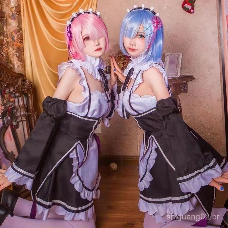 Fantasia de Cosplay Re:Zero Ram/Rem, Roupa de Empregada, Tamanho Grande, Vestido de Anime para Mulheres, Avental, Vest em Oferta na Shopee