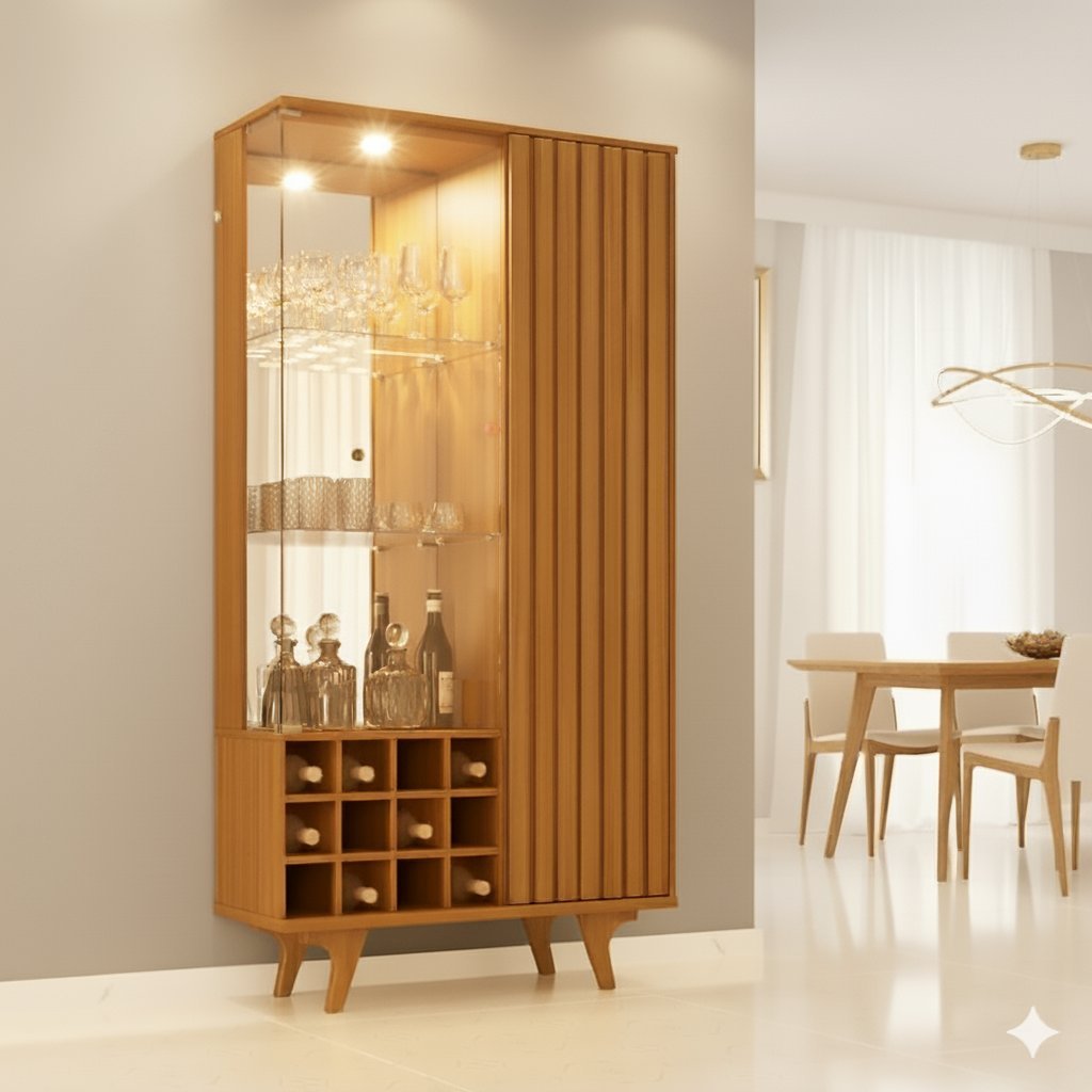 Cristaleira Elba Ripado Real Portas de Vidro Pés de Madeira Maciça 12 Nichos Garrafeiros Naturalle em Oferta na Shopee