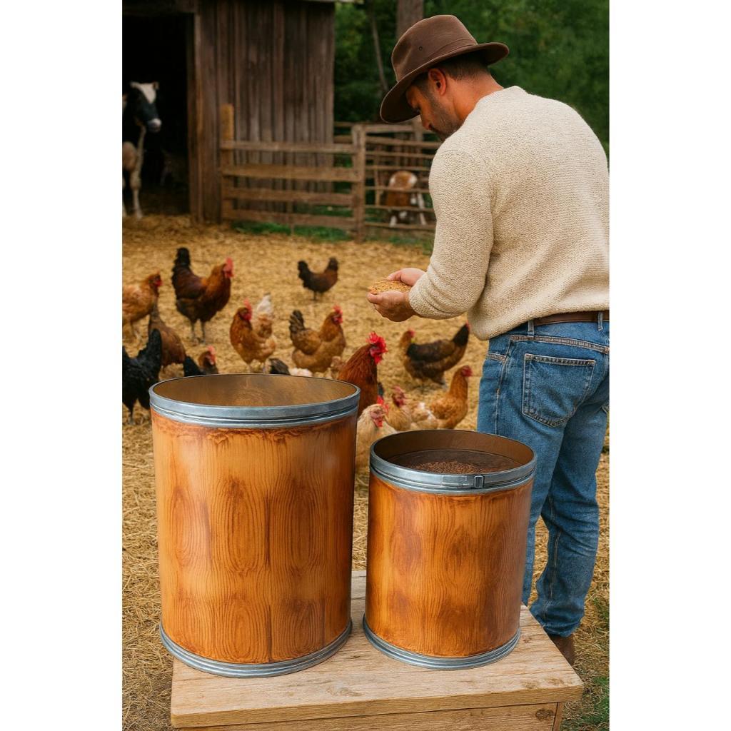 Porta ração pet kit 2 barricas cilindro tambor pintura efeito madeira — imagem 2 de 2