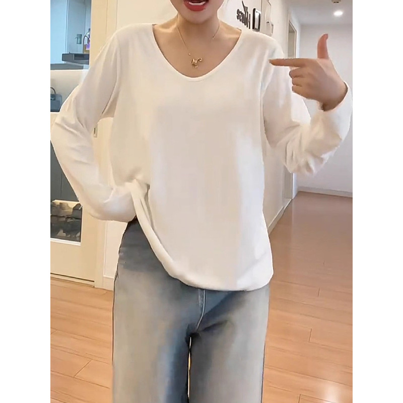 Tamanho grande puro algodão estilo preguiçoso solto U-pescoço manga comprida camiseta feminina primavera gordura mm mais