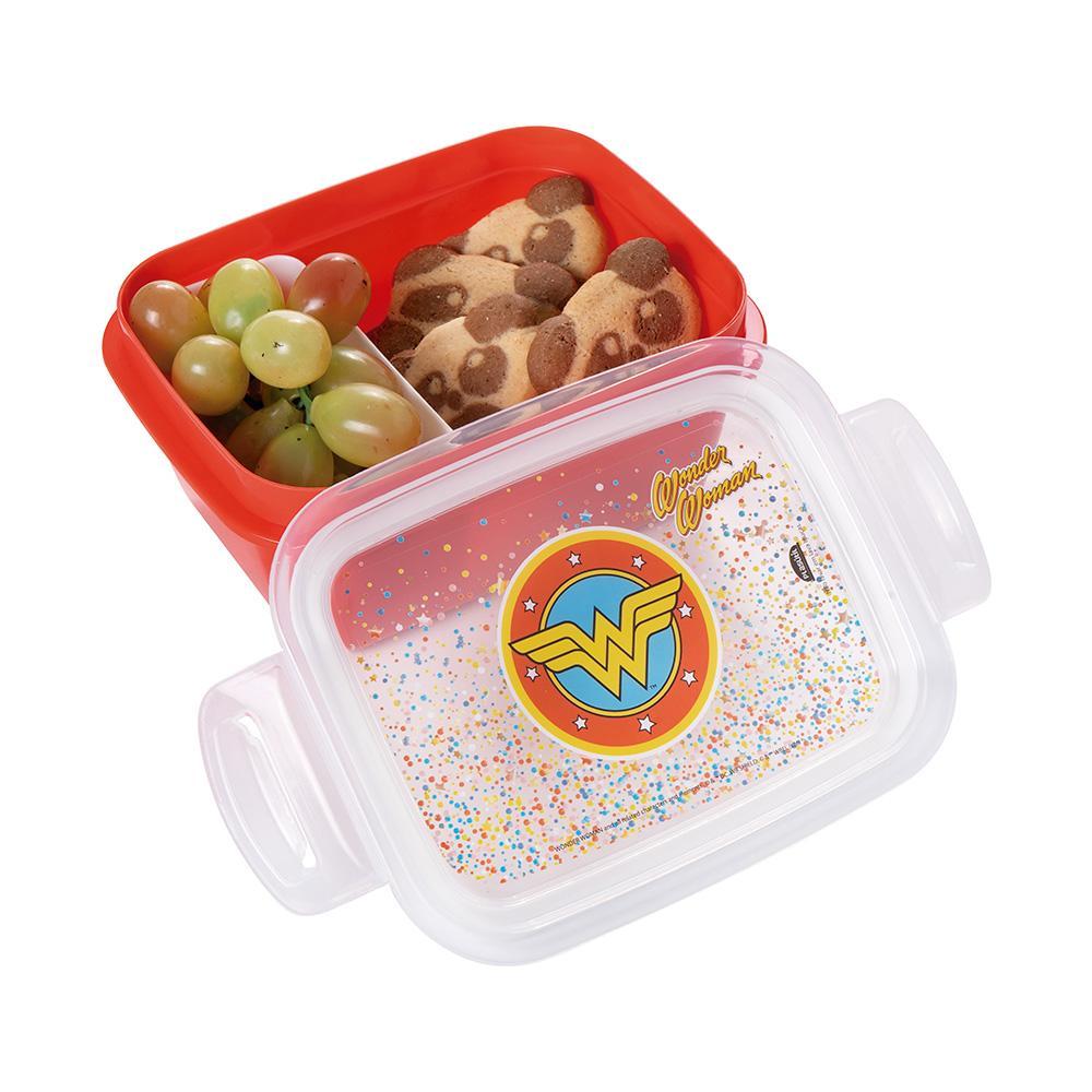 Pote Marmita Hermética Mulher Maravilha Divisória Travas Passeio Lancheira Alimentos Micro ondas 630 ml Marvel Plasútil