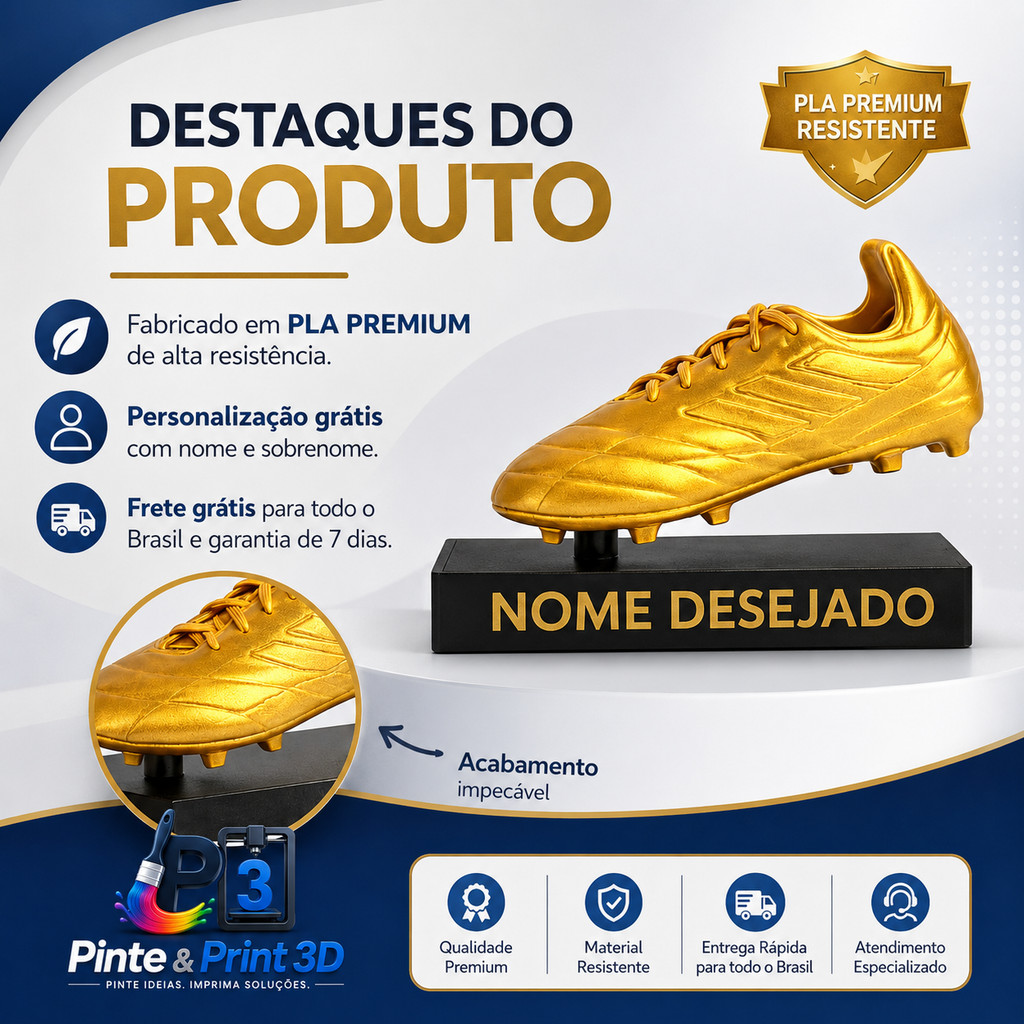 Kit Futebol Campeão | Taça Copa do Mundo + Troféu Chuteira de Ouro Personalizado | Decoração Premium Brasil