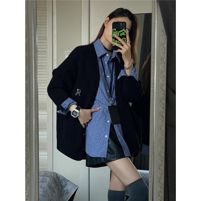 Estilo coreano profissional Wear High-End xadrez gola POLO camisa em camadas estilo preguiçoso malha Cardigan camisola d