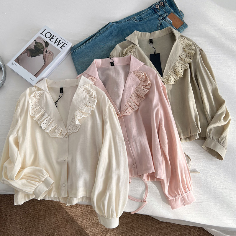 Francês Retro renda abotoado grande lapela curta camisa de manga comprida feminina coreano primavera outono elegante cam