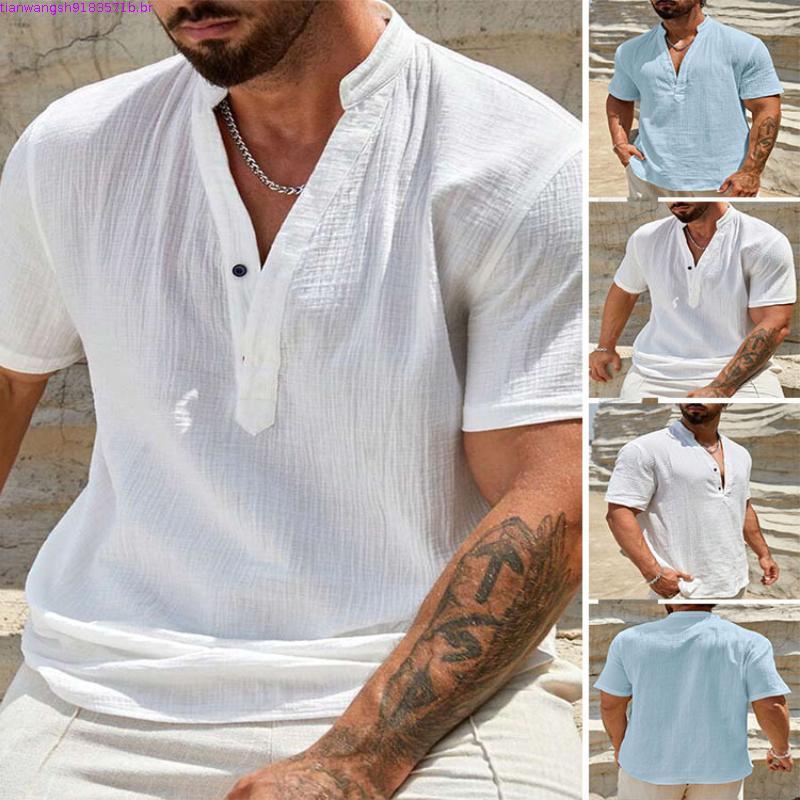 Csa Masculina Europeia E Americana De Camada Única , Cor Sólida , Respirável , Gola Alta , Manga Curta , 2025 , Moda