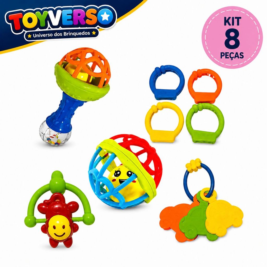 Kit Brinquedo Bebe Chocalho Mordedor Silicone Macio Bola Colorida 8 Peças Para Menina e Menino - Envio Full