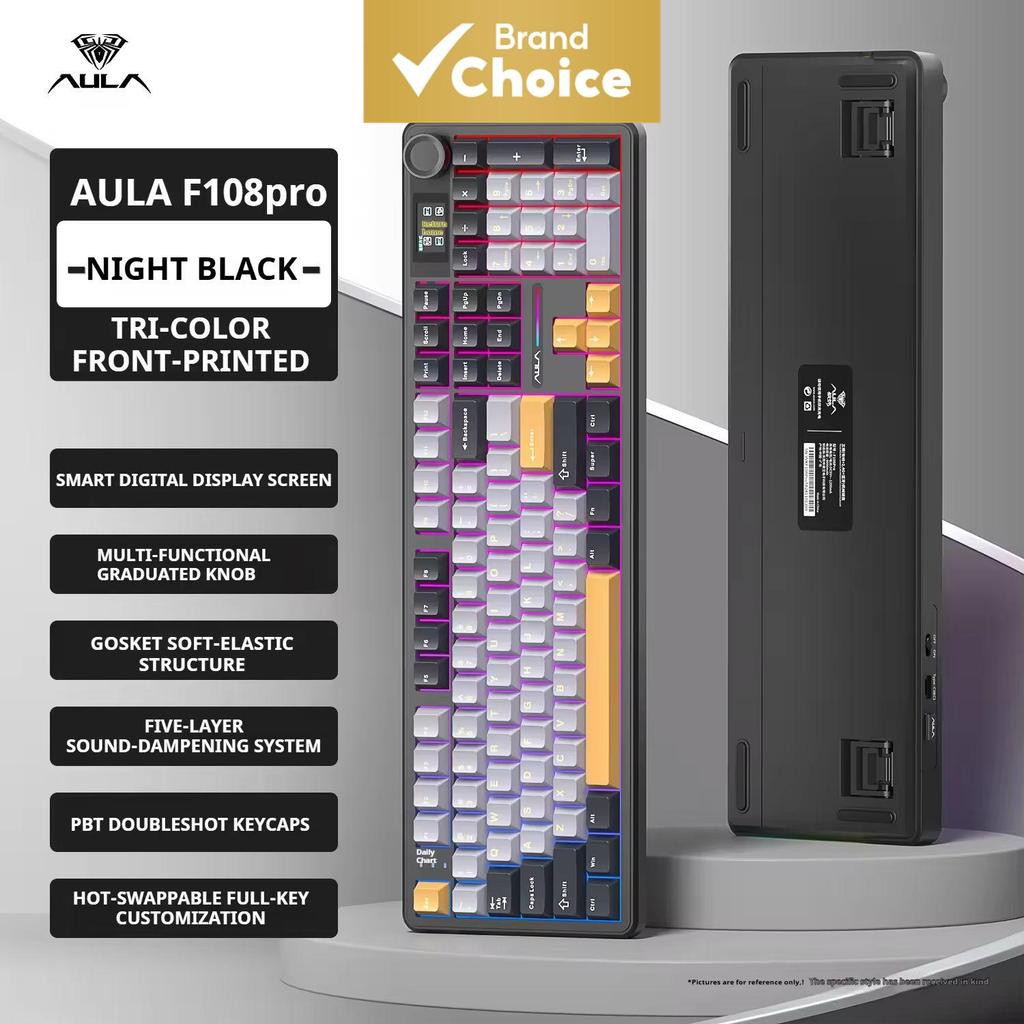 Teclado de jogos mecânico sem fio AULA F108 PRO, display inteligente e botão, interruptores pré-lubrificados