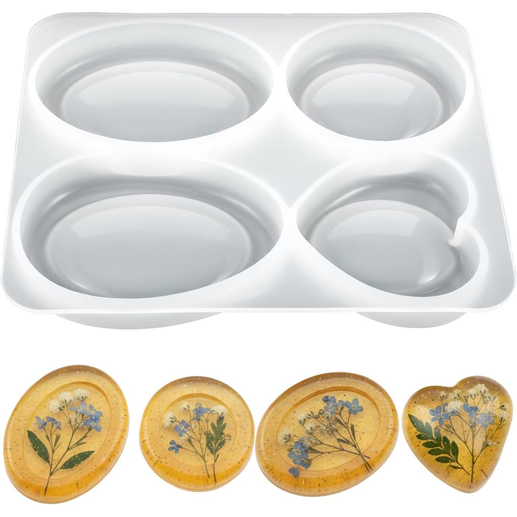 Moldes de Silicone para Resina DIY com 4 Cavidades para Pedras Anti-estresse, 4 Designs Únicos: Coração, Redondo, Oval, 