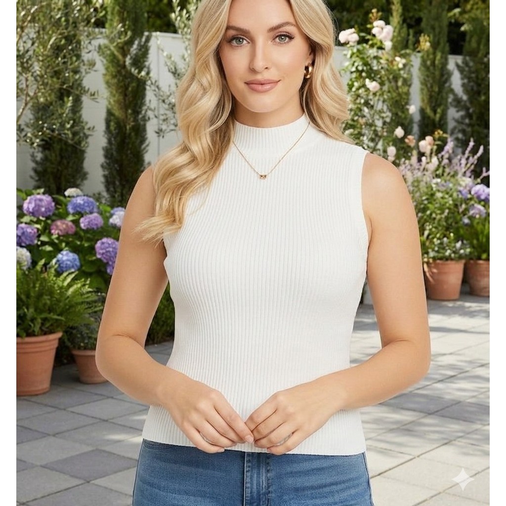 blusa feminina gola alta manga cavada canelada justinha com elastano estica corpo lançamento