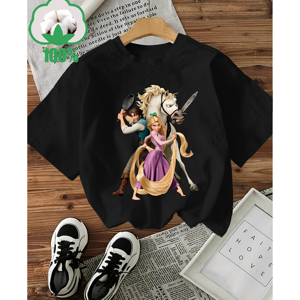 Camiseta Feminina Casual E Confortável Em Puro Algodão Com Estampas Da Rapunzel E Personagens Da Disney
