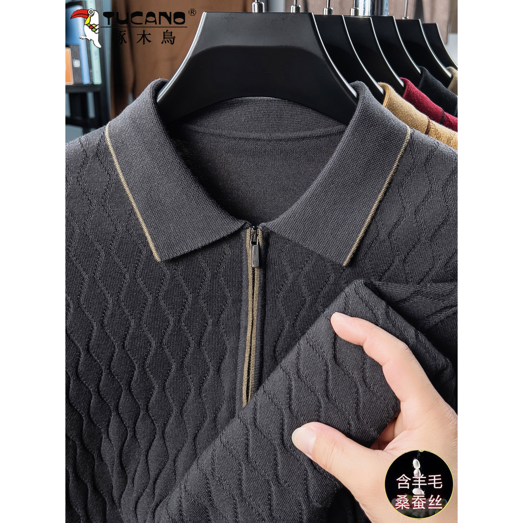 Suéter pica-pau masculino com lapela e zíper, meia-idade com seda amoreira, roupa de pai, outono