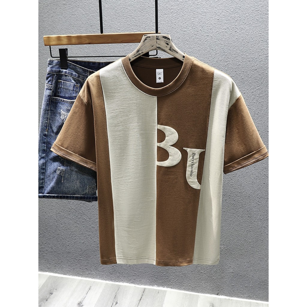 High-End estilo americano contraste cor costura camiseta de manga curta masculina 2025 primavera verão solto algodão pur