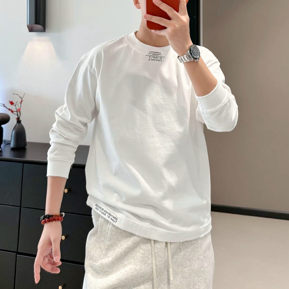 Primavera outono puro algodão pesado manga comprida camiseta masculina solta impressa em torno do pescoço rasgado Design