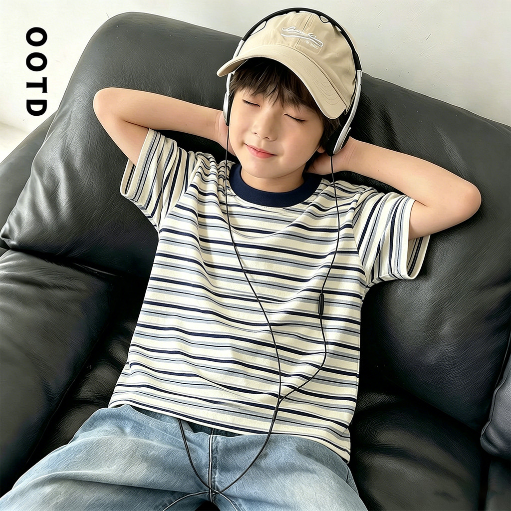 Meninos camiseta de manga curta crianças verão meninos bonito Casual médio pequeno crianças azul listrado topo 2026 novo