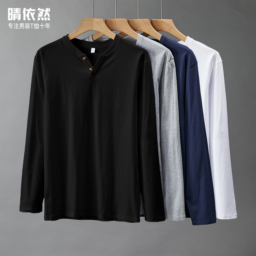 2026 primavera estilo Hong Kong cor sólida adolescente com decote em V botão-pescoço manga comprida camiseta masculina a